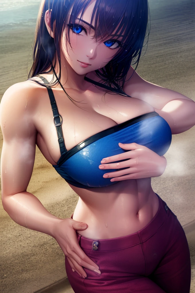 masterpiece,best quality,high resolution,8k,ultra HD,wallpaper,illustration,beautiful detailed eyes,perfect face,cowboy shot,beautiful detailed eyes,extremely detailed face,perfect lighting,extremely detailed CG,perfect hands,perfect anatomy,perfect body,perfect hands,perfect fingers,1woman,full body,megami magazine,(muscle fighter:1.1),yellow medium vertical roll hair,(blue eyes:1.3),(large breasts:1.3),Medium ASS,black tube top,red rapskirt,clothed,collarbone,,looking at viewer,sexy look pose,cameltoe,Steam,wet,sweat,Sandy Beach,see through