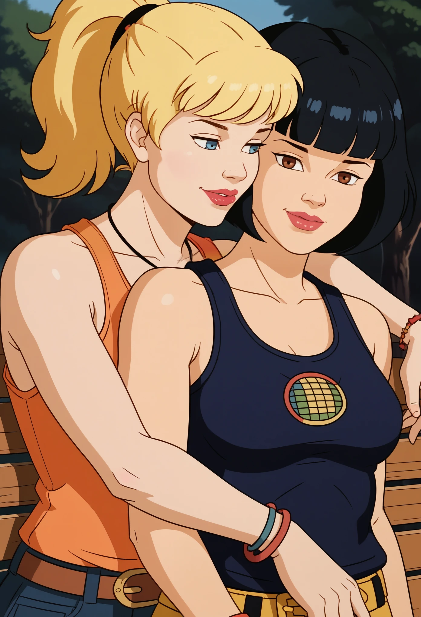 score_9, score_8, score_7, score_8_up, score_7_up, score_6_up, 2girls, (((xgix,black hair,bob cut,blunt bangs,brown eyes,lipstick,bracelet, tank top, belt, small breasts))), (((xlinkax, blonde hair, ponytail, blue eyes, medium breasts, tank top))),   standing, by wooden bench, light smile, front view , sunshine, hugging,upper body, portrait, kissing, 