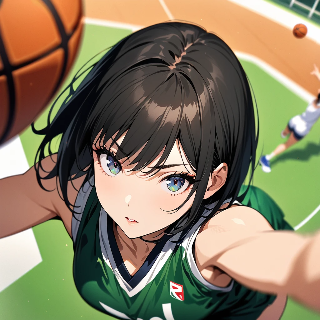 (masterpiece),(Highest quality),(High resolution),(Very detailed),One Woman,Japanese,Basketball Player,Black Hair,Short Bob,Beautiful Eyes,Long eyelashes,Beautiful Hair,Beautiful Skin,Powerful dunk shot illustration,High jump towards the goal,Depiction from above,(dynamic),(Background is a basketball court),(((Background Blur)))
