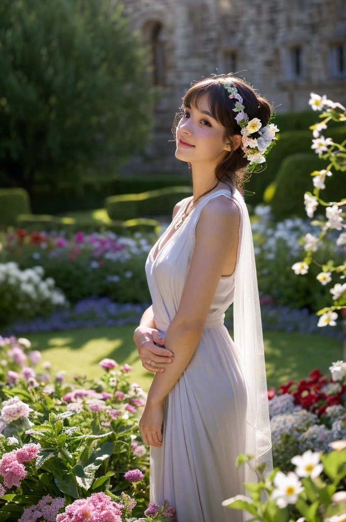 ((Tabletop:1.4, highest quality)), (Realistic photos:1.4),
((1 girl)), (Otherworldly beauty), (dream-like),
(超High resolution:1.2), Very delicate and beautiful, wonderful, Very detailed CG Unity 8k wallpaper, Very detailed, High resolution,
Soft Light, Beautiful detailed girl, Very detailedな目と顔, Beautiful and detailed nose, Beautiful and detailed,
(Dressed as an ancient Greek maiden:1.3),
Cinema Lighting, Perfect Anatomy, Slender body, (Parted bangs),
(In a Scottish castle garden:1.3), (Cloudy dark background:1.3), (Thick Fog:1.3), (A ray of light shines into the flowerbed in the garden:1.3), (Outdoor), (Light and dark contrast),
Cowboy Shot, Looking at the audience, Old-fashioned smile, super huge breasts , (Wonderful beauty)