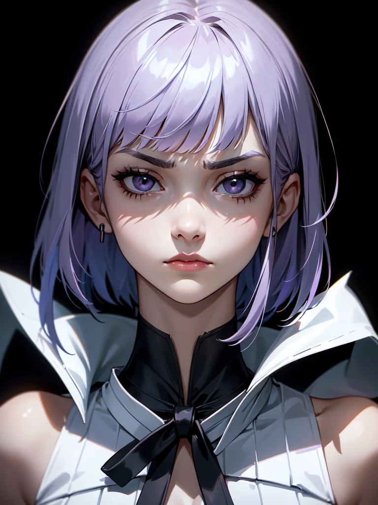 (((Portrait Photo))), She has an Graceful, Athletic 16-Year-Old Appearance, with a Slim-Fit Build and a Volatile Demeanor. She has Short, Straight Lavender Hair that Falls Just Below Her Chin, with a Neat Fringe Parted to One Side. Her Deep Black Eyes Express a Serious and Intense Look, Frowning, Giving Off a Temperamental Attitude. She Wears a Sleek White Sleeveless Top with a High Collar, Adorned with a Black Ribbon. (((High Quality, Dark Background))), (((Portrait Photo)))