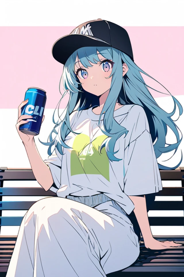 Create a detailed anime illustration of a girl with long, flowing hair and a casual streetwear outfit, including a baseball cap, baggy pants, and a graphic t-shirt. She is seated on a bench, holding a drink can, with a serene expression. Use a two-tone pastel background to highlight the modern and minimalist setting