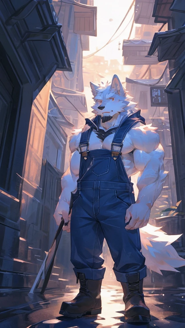 4k 8k (masterpiece:1.2), best quality,pixiv,Official Art,Perfect anatomical structure, (Light线追踪, Light),Solitary, (1_male:1.3) , (muscle), (White fur:1.4), (muscle wolf), (beard:1.2), (闪闪发Light的蓝眼睛), Wolf Tail, whole body, Thick white eyebrows,(Open hoodie), (Naked), (Overalls:1.2), boots, 30-40 years old , wind暴, rain , ruins , wind,Reach out to the camera and invite Hanfu