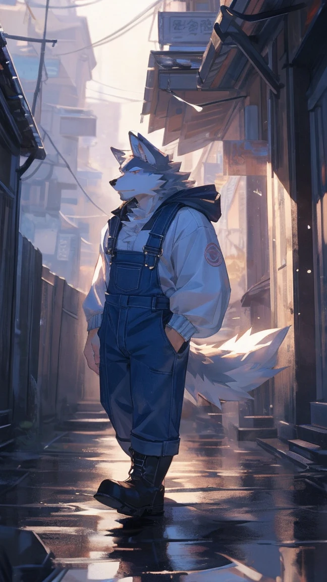 4k 8k (masterpiece:1.2), best quality,pixiv,Official Art,Perfect anatomical structure, (Light线追踪, Light),Solitary, (1_male:1.3) , (muscle), (White fur:1.4), (muscle wolf), (beard:1.2), (闪闪发Light的蓝眼睛), Wolf Tail, whole body, Thick white eyebrows,(Open hoodie), (Naked), (Overalls:1.2), boots, 30-40 years old , wind暴, rain , ruins , wind，Reach out to the camera and invite Hanfu