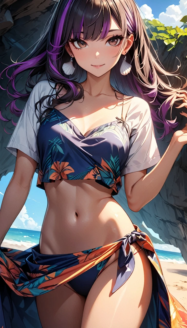 (highest quality:1.2, Very detailed, up to date, Vibrant, Ultra-high resolution, High Contrast, masterpiece:1.2, highest quality, Best aesthetics), Portraiture、girl、25 years old, Bright colors、Beautiful fine details、Beautiful lip detail、long hair、black and purple ((streaked hair:1.6)), highlights hair: 1.5, brown eyes, shell earrings, ((slim body:1.2)), (small breast:0.7), beautiful beach, day, sun shine, blue sky, ((Sarong-pass:1)), tropical-print、Cowboy shot,