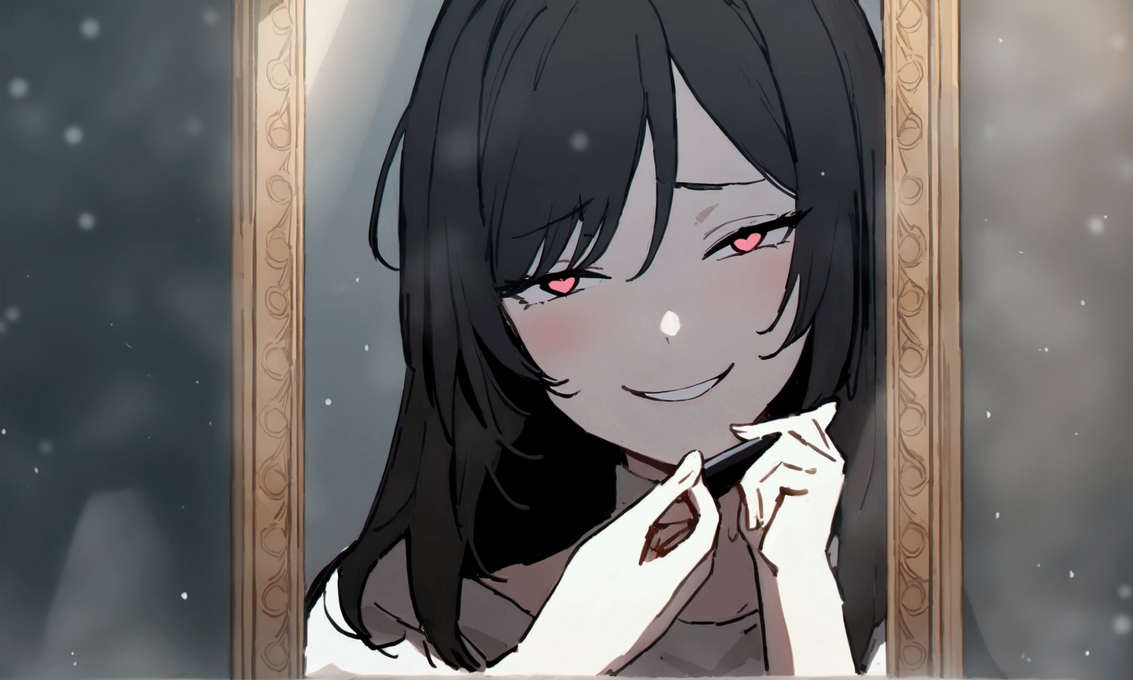 (masterpiece:1.2, Highest quality), (snow white:1.3), 1 female, whole body, casual, Minimal makeup, pale,Natural materials, (Wicked Smile:1.3), Bright Eyes,Hearts in the Eyes ,8K high resolution, Fine Lines,(Girl putting on makeup in front of a mirror:1.3) , (机の上にsnow whiteの絵本が置いてある:1.3)
