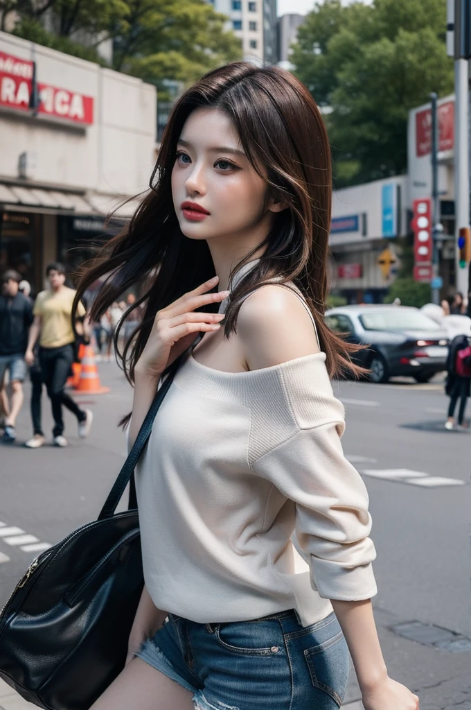 best quality, masterpiece, ultra high resolution, (realistic:1.4), RAW photos, 1 woman, street in the city center, open shoulder shirt