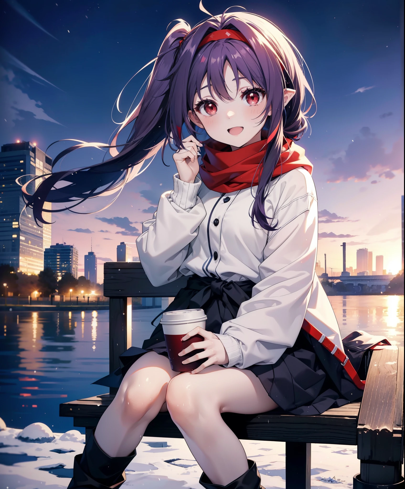 yuukikonno, Konno Yuuki, Long Hair, Pointed Ears, Purple Hair, (Red eyes:1.5), (Small breasts:1.2), Open your mouth,happy smile, smile, Open your mouth,hair band,low twin tail,Red Scarf,Oversized purple hoodie,Long skirt,Black pantyhose,short boots,Holding a paper cup of coffee in both hands,Sitting on a bench,snowが降っている,snowが降り積もっている,snow,snow,snow,snow,snowが積もった木,winter,Cold Sky,night,whole bodyがイラストに入るように,
break looking at viewer,  whole body,
break outdoors, garden,
break (masterpiece:1.2), Highest quality, High resolution, unity 8k wallpaper, (figure:0.8), (Beautiful attention to detail:1.6), Highly detailed face, Perfect lighting, Highly detailed CG, (Perfect hands, Perfect Anatomy),