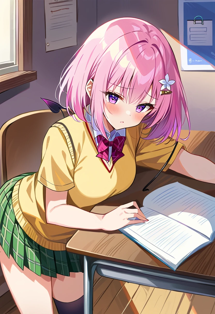masterpiece, Highest quality, High resolution, One girl,  .Deviluke Type, demon tail, Hair Flower, hair ornaments, (Purple eyes:1.1), Pink Hair, short hair, tail, demon tail, green skirt, Plaid, Plaid skirt, Sainan High , , skirt, Sweater vest, Knee socks, (Yellow Sweater:1.3),  She is in lesson、Sleeping at the desk , School Scene
