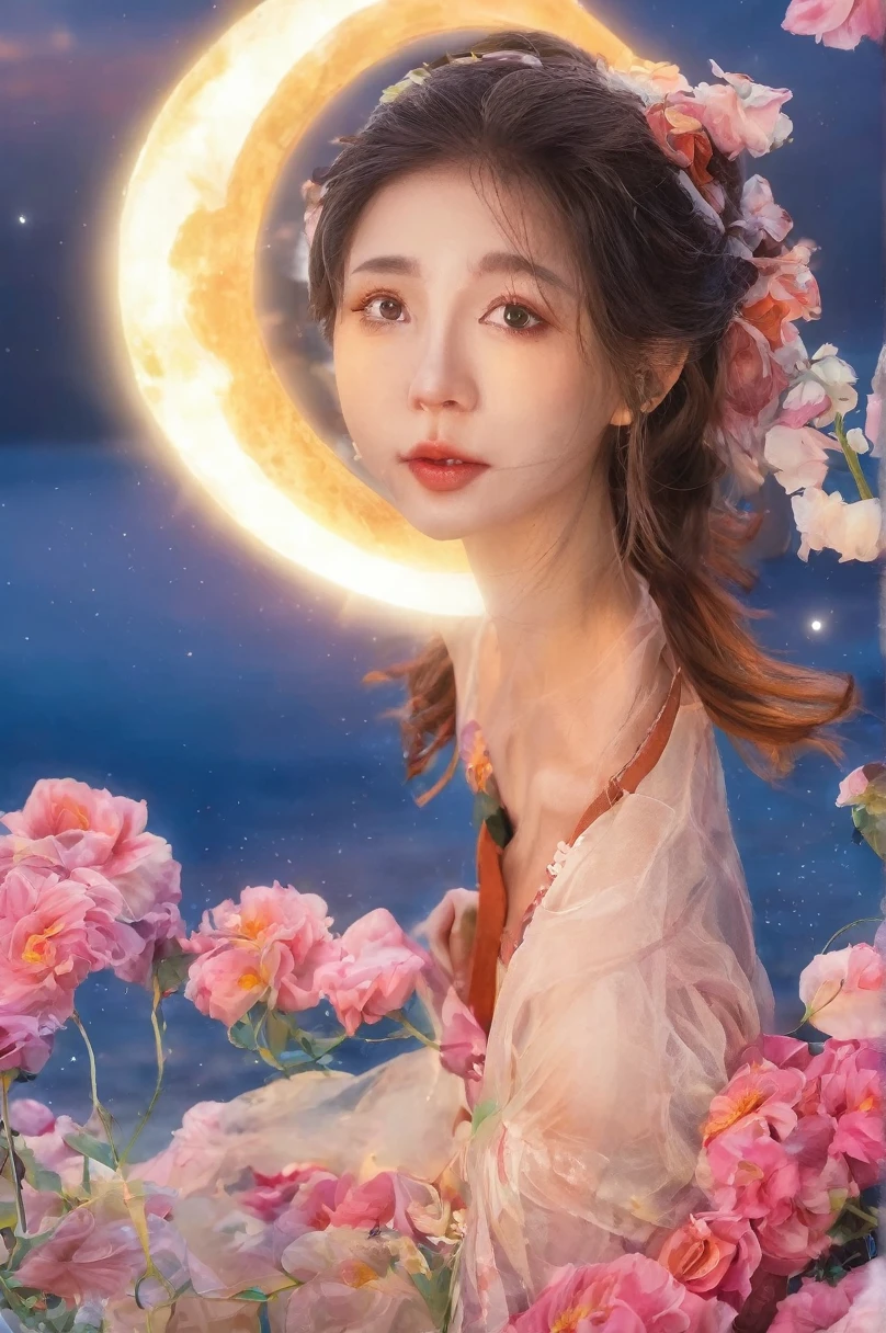 high resolution, 8K, ridiculous 1girl, moon, ocean, flower, 
