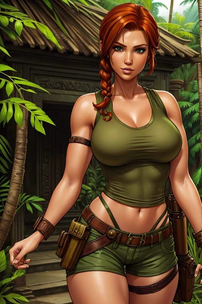Jennifer Korbin, ginger hair, cosplaying lara croft, tan shorts, green top, jungle temple, steampunk