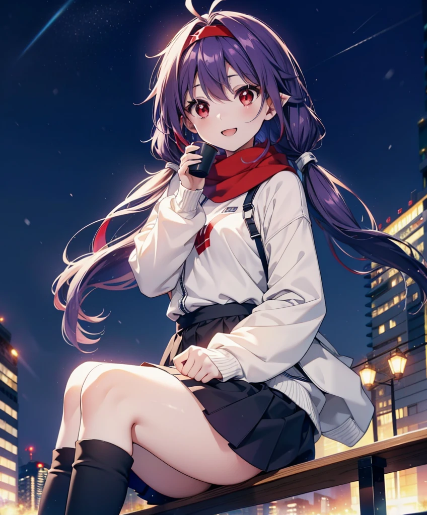 yuukikonno, Konno Yuuki, Long Hair, Pointed Ears, Purple Hair, (Red eyes:1.5), (Small breasts:1.2), Open your mouth,happy smile, smile, Open your mouth,hair band,low twin tail,Red Scarf,Oversized purple hoodie,Long skirt,Black pantyhose,short boots,Holding a paper cup of coffee in both hands,Sitting on a bench,snowが降っている,snowが降り積もっている,snow,snow,snow,snow,snowが積もった木,winter,Cold Sky,night,whole bodyがイラストに入るように,
break looking at viewer,  whole body,
break outdoors, garden,
break (masterpiece:1.2), Highest quality, High resolution, unity 8k wallpaper, (figure:0.8), (Beautiful attention to detail:1.6), Highly detailed face, Perfect lighting, Highly detailed CG, (Perfect hands, Perfect Anatomy),