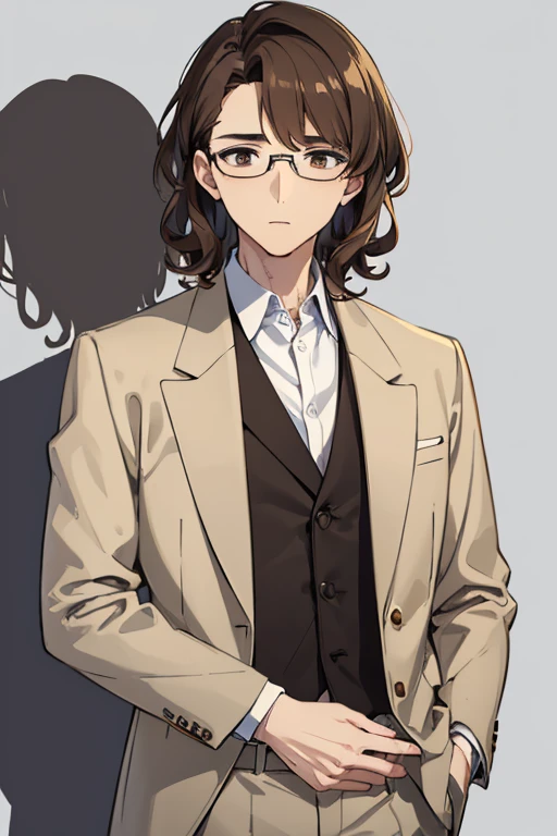 ((Highest quality)), ((masterpiece)), (detailed), One mature male、A photo showing your thighs to the top of your head、Standing facing the camera、Front facing、brown tailored jacket、Brown Hair、wavy hair、thick hair、Short Hair、Brown eyes、Glasses、Slim body、White shirt、Grey trousers、Expressionless、Looking into the distance、White background