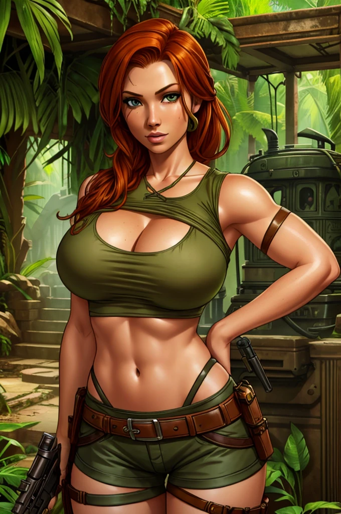 Jennifer Korbin, ginger hair, cosplaying lara croft, tan shorts, green top, jungle temple, steampunk