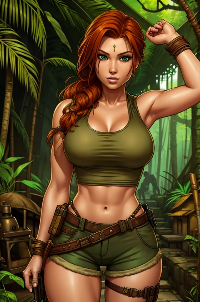 Jennifer Korbin, ginger hair, cosplaying lara croft, tan shorts, green top, jungle temple, steampunk