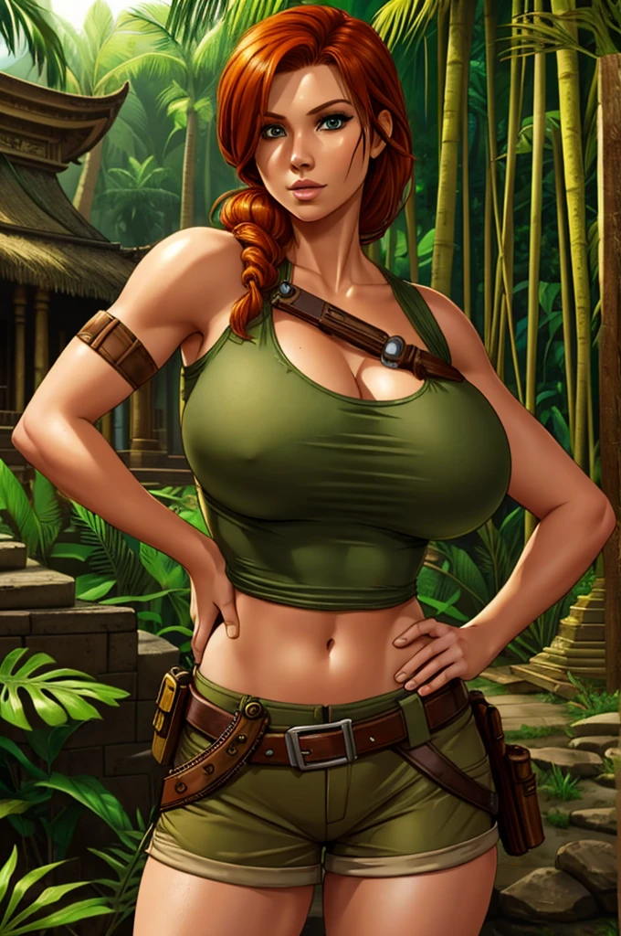 Jennifer Korbin, ginger hair, cosplaying lara croft, tan shorts, green top, jungle temple, steampunk