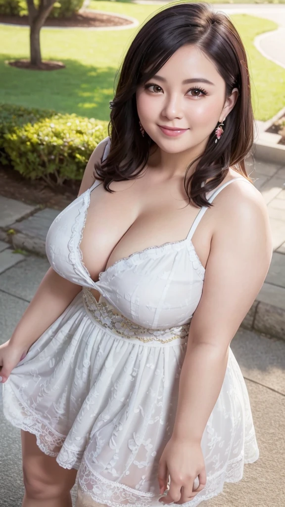 A beautiful and hot almost chubby mature woman.who is wearing a patterned short dress and is and standing in the park. A smiling face、sexy woman、A radiant smile、adorable、race、Frills、Colorful design、Full-length mirror、An inviting gaze、Gorgeous long and beautiful hairstyle、variation Hairstyle、Open neck blouse、Flower Garden、Sparkling、Elegant Princess