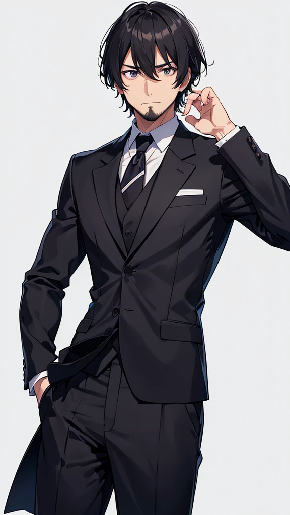 male、32 years old、less beard、Tired face、Glaring eyes、Long bangs parted、Shot from the thigh up、Are standing、looking at the camera、Black suit、Plain white background、Single、Japanese salaryman、Simple poses