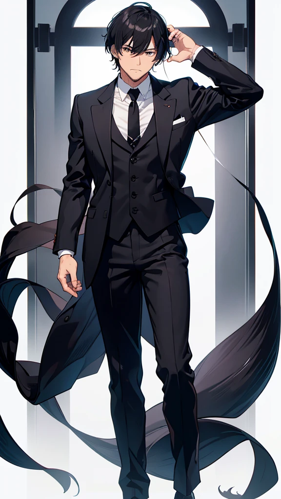 male、32 years old、less beard、Tired face、Glaring eyes、Long bangs parted、Shot from the thigh up、Are standing、looking at the camera、Black suit、Plain white background、Single、Japanese salaryman、Simple poses