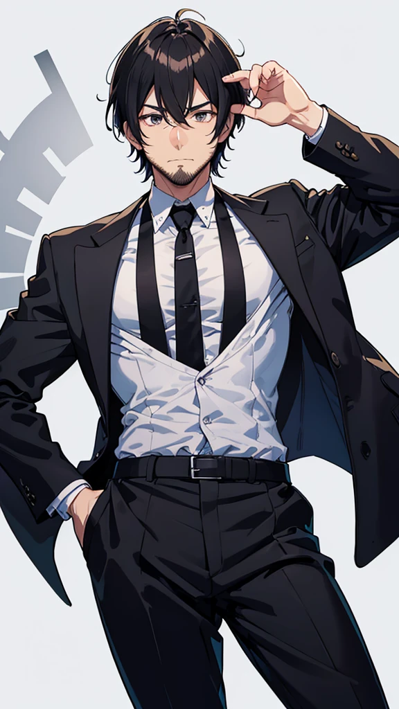 male、32 years old、less beard、Tired face、Glaring eyes、Long bangs parted、Shot from the thigh up、Are standing、looking at the camera、Black suit、Plain white background、Single、Japanese salaryman、Simple poses