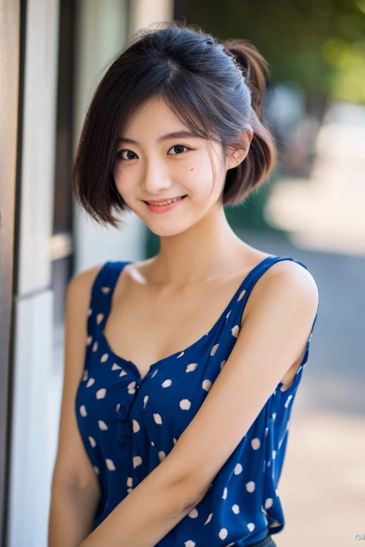 lens: 135mm f1.8, (Highest quality), (Beautiful 23 year old Japanese girl), (Moisturized lips), Narrow eyes, double eyelid, Delicate clavicle, Flat Chest , Embarrassing, smile, (Spotted sunlight: 1.2), Professional Lighting, (Dark blue sleeveless blouse shirt), (Sunburned skin: 0.2), Full body photo, Full Body Focus, Beautifully upright