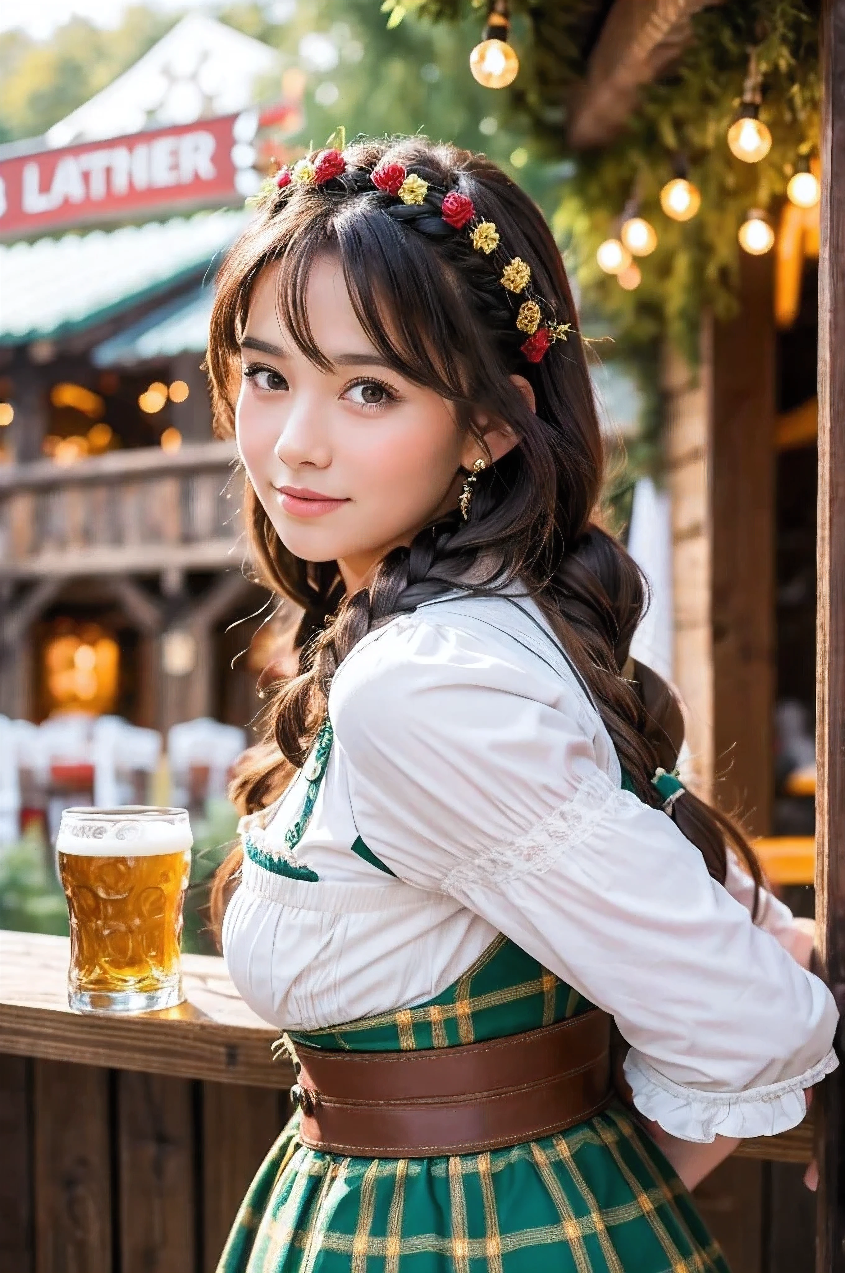 A stunning Oktoberfest maiden, donning a traditional Dirndl, her raven locks gathered into beautiful braids that cascade down her back. Her piercing eyes, adorned with intricate eyelashes, gaze directly at the viewer, exuding warmth and joy. Framed by the rustic wooden background of a festive beer garden, she poses confidently head and shoulders forward, inviting us to join in the merriment.A stunning Oktoberfest maiden, donning a traditional Dirndl, her raven locks gathered into beautiful braids that cascade down her back. Her piercing eyes, adorned with intricate eyelashes, gaze directly at the viewer, exuding warmth and joy. Framed by the rustic wooden background of a festive beer garden, she poses confidently head and shoulders forward, inviting us to join in the merriment.