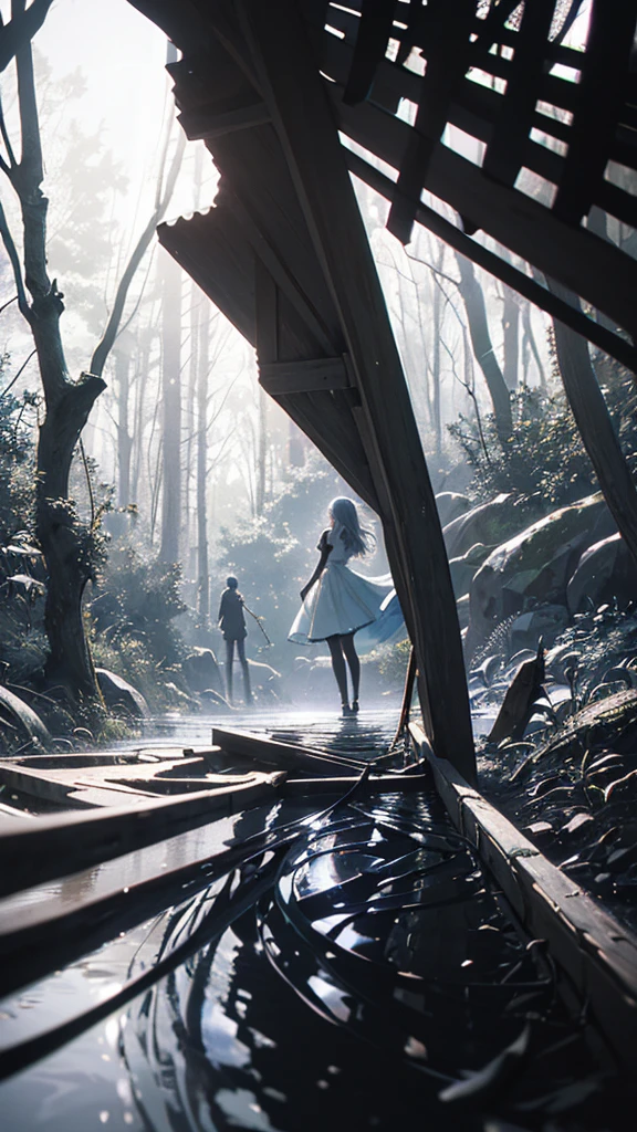 ((masterpiece))、((Highest quality))、((Realistic feel))、((First Person View:1.6))、Pitch Black、Deep in the forest、Moonlight shines、Immersion、Cool blue shade、1People Girls、Delicate princess dresses、Silver、Shine、Detailed decoration、The sky is high、Dim and dim、High Contrast、Super beautiful