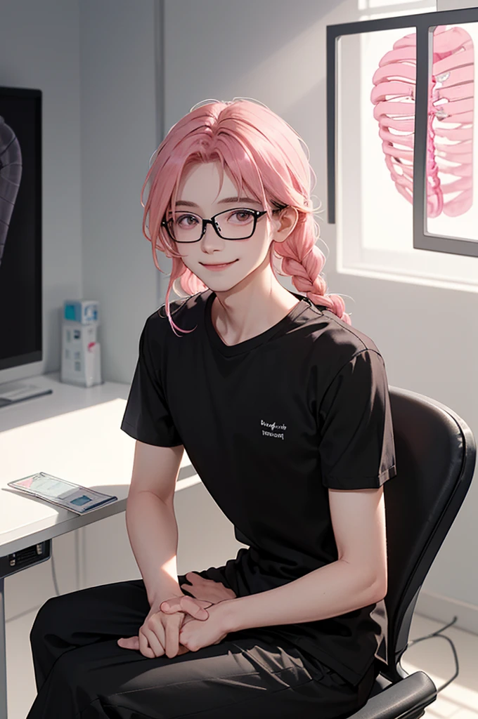 1 boy, age 5-6 years ,Solo, sitting (Looking at the audience), (black shirt:1.5), long skirt ,Stylish clothes Childish man wearing glasses /(pink hair/) Braided hair, smiling kindly (The best quality masterpiece:1.2) , Delicate illustrations, Special details, (hospital examination room) In the building, desk (X-ray image of the lungs:1.2) Detailed background
