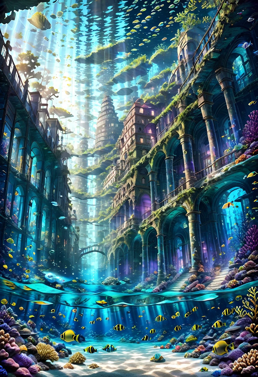 masterpiece, highest quality, ultra-detailed, high-definition background, 8K, hi-res, high quality. An underwater city with ancient ruins and modern architecture intertwined, lush, colorful coral reefs surrounding the city, schools of vibrant fish swimming through the buildings, a serene, tranquil atmosphere with soft, ethereal lighting filtering through the water, bright sunlight streaming from the surface, creating shimmering patterns, gentle illumination from bioluminescent organisms. Wide-angle shot to capture the expanse of the underwater city, slightly tilted angle to give a sense of depth and immersion, lens flare, fractal patterns, link flare, luminogram effects, multiple exposure, Christian Lassen, ghost ship, shipwreck, ancient ruins, building. Crystal clear water, enhanced transparency, and a dreamy, ethereal glow. A sense of decay and abandonment, with overgrown algae and crumbling structures.((sea ​​creatures,Marine creatures, lush vegetation:,A beautiful city))