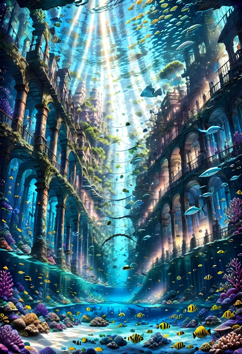 masterpiece, highest quality, ultra-detailed, high-definition background, 8K, hi-res, high quality. An underwater city with ancient ruins and modern architecture intertwined, lush, colorful coral reefs surrounding the city, schools of vibrant fish swimming through the buildings, a serene, tranquil atmosphere with soft, ethereal lighting filtering through the water, bright sunlight streaming from the surface, creating shimmering patterns, gentle illumination from bioluminescent organisms. Wide-angle shot to capture the expanse of the underwater city, slightly tilted angle to give a sense of depth and immersion, lens flare, fractal patterns, link flare, luminogram effects, multiple exposure, Christian Lassen, ghost ship, shipwreck, ancient ruins, building. Crystal clear water, enhanced transparency, and a dreamy, ethereal glow. A sense of decay and abandonment, with overgrown algae and crumbling structures.((sea ​​creatures,Marine creatures, lush vegetation:,A beautiful city))