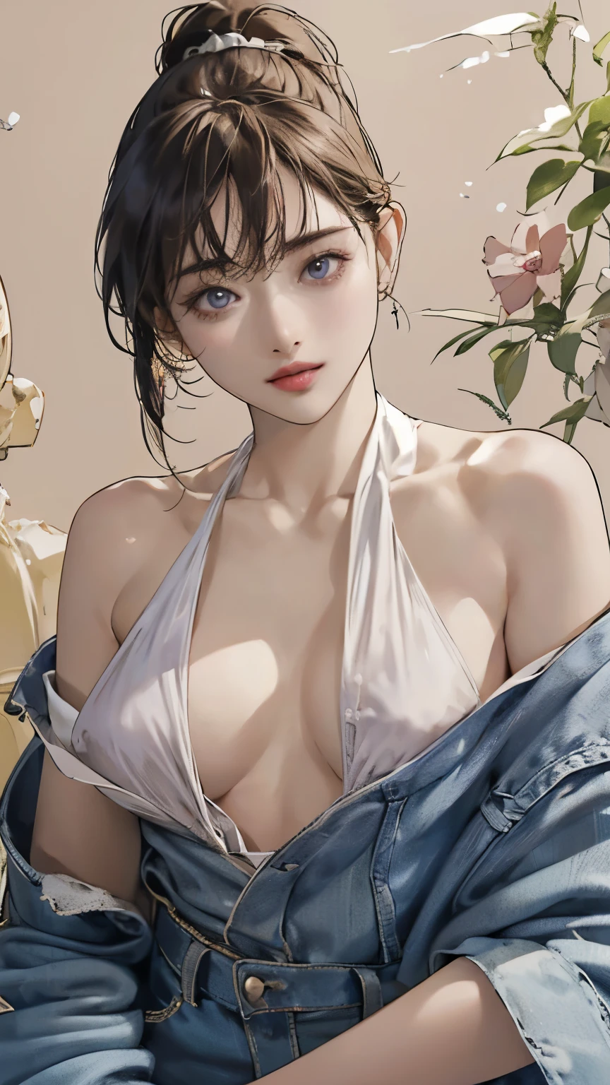 (8K、RAW Photos、Highest quality、Masseter region:1.2)、Super detailed、Ultra-high resolution、(Realistic、Realistic photos:1.37)、Portraiture、High-resolution RAW color photos、Professional photography、hVery detailed and beautiful、Very detailed、8K Picture Wallpaper、Amazing detail、Large file size、Official Art、HVery detailed CG Unity 8K wallpapers、hVery detailed beautiful girl、Very detailed顔、Very detailed目、Very detailed skin、Very detailed指、hVery detailed nose、Very detailed mouth、Perfect Anatomy、Detailed Background、Detailed clothing、1 Girl、(20:1.2)、20th generation、cute、Realistic bPetite、White skin、Glowing Skin、the body is slim、Black-haired、((short hair))、((ponytail))、(Blunt bangs: 1.2)、cute、Zola々right、cute faces、Lively Faces、Delicate eyes、Source order、((no good:1.5))、((Damaged jeans look))、((Red lipstick and purple eyeshadow))、((The chest is exposed:1.5))、((Exposed shoulders:1.5))、(((No good)))、(((Full nudity)))、((Backward Shot))、((Full Body Shot))、((Dreamy look))、Earrings、necklace、Looking into the camera、Cowboy Shot、positive、Standing posture、Contrapo、Dynamic Lighting、((Firm D-cup milk))、