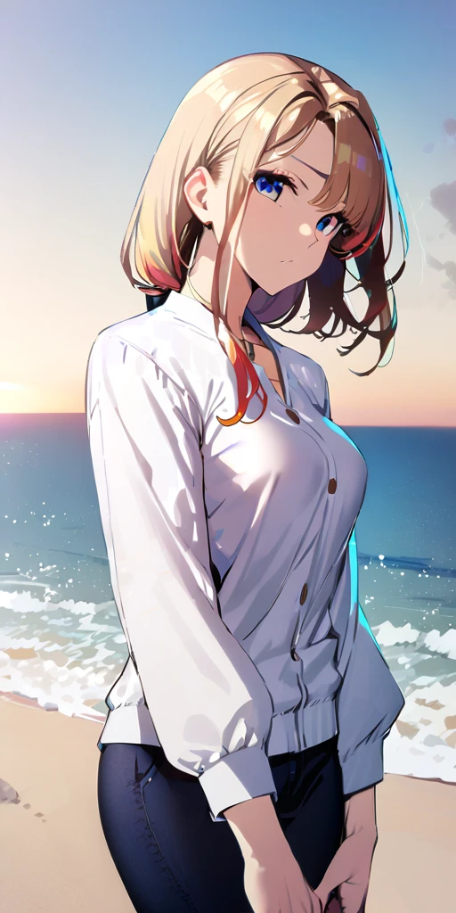 ((Highest quality、、masterpiece:1.3)), Upper Body、Long legs、Sharp focus:1.2, Beautiful woman with perfect figure:1.4、(Smiling:1.2), double eyelid、30-year-old female、Sexy pose、((((Close your mouth、One Woman、under wear,sea,beach,sea side))))、(((((Hands on the side of the body:1.5)))))