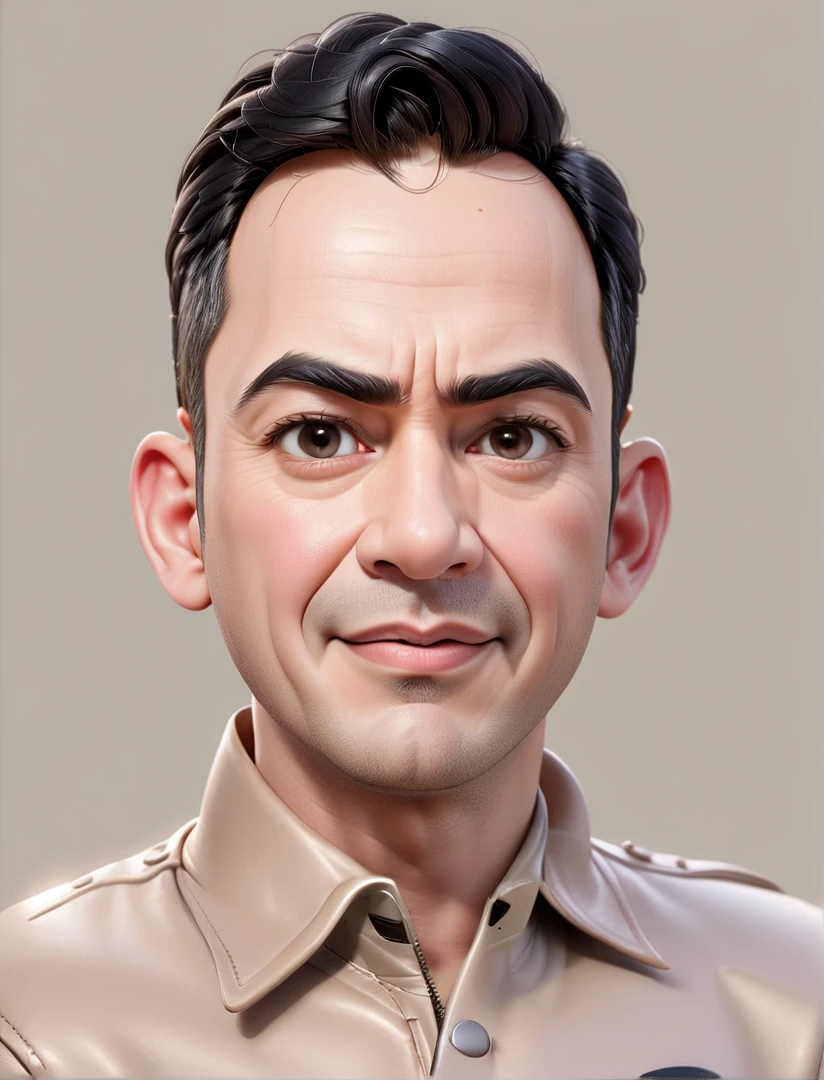 Create a 3D animation of a cartoon caricature with a big head. a man. He has short black hair parted on the right side. His face is oval with smooth lines, thick and neat black eyebrows, normal eyes, a big nose, and thin lips with a wide. He wore a light gray leather jacket over a white t-shirt. Gradient blue background with professional lighting. masterpiece, top quality, highly detailed skin and face, ultra-realistic, high definition, studio lighting, sharp focus, 2/3 body angle, Concept Art, 3D rendering.