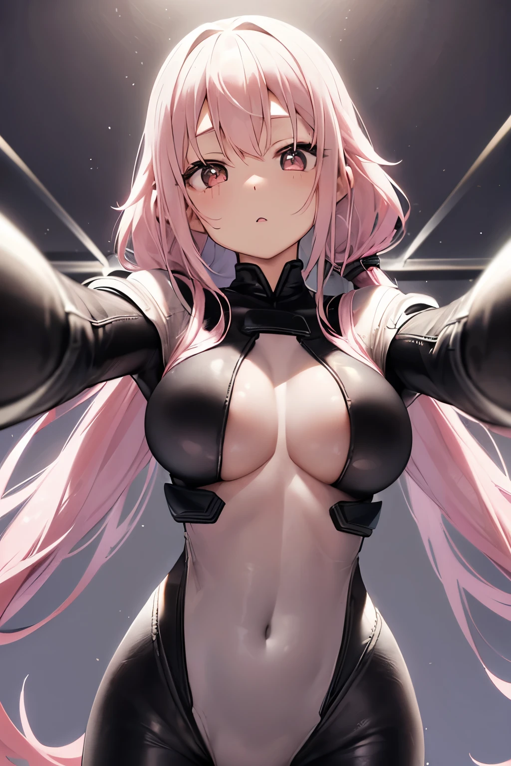 ((Upper body photo))、Cute face、Pink Hair、Long Hair、Twin tails、White skin、((Shooting from the front:1.5 ))、((Tight black leather suit:1.5)), ((Big Breasts)), Pointed nipples, masterpiece