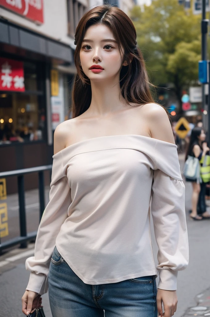 best quality, masterpiece, ultra high resolution, (realistic:1.4), RAW photos, 1 woman, street in the city center, open shoulder shirt, Small head, well proportioned