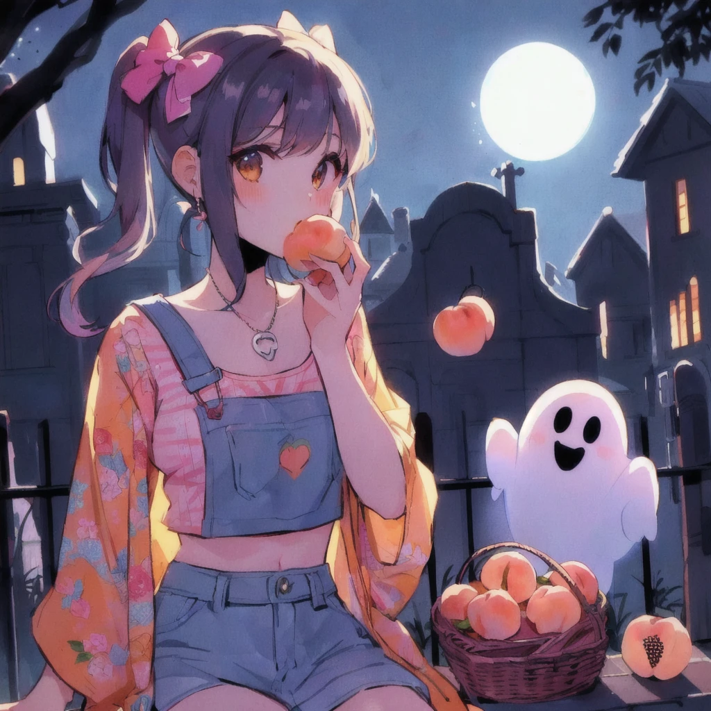 Anime girl sitting on a bench next to a ghost and eating a peach, Cute art style, Pale young ghost girl, Lo-fi Girl, Cute Anime girl, pretty girl, Splash art anime , 80s anime style,Anime Style 4k, High quality anime art style, Cute Anime, pretty girlのアニメビジュアル, Cute Anime style, Anime-style illustrations, Nightcore