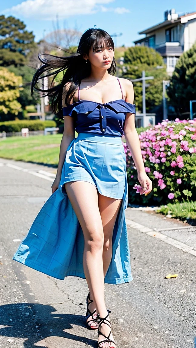 (((Big Breasts:1.52)))、((Viewing angle from below、Highest quality、masterpiece、32k、Every detail))、Descend the outdoor stairs、commute、Systemic symptoms、Very tight camisole、Pleated skirt、(((A strong wind blows my hair and skirt away:1.62)))、((The shoulder strap of the bag is worn diagonally across the body.:1.4))、One Girl, alone、(((mini skirt, No underwear:1.22)))、Big Breasts、barefoot, High heels