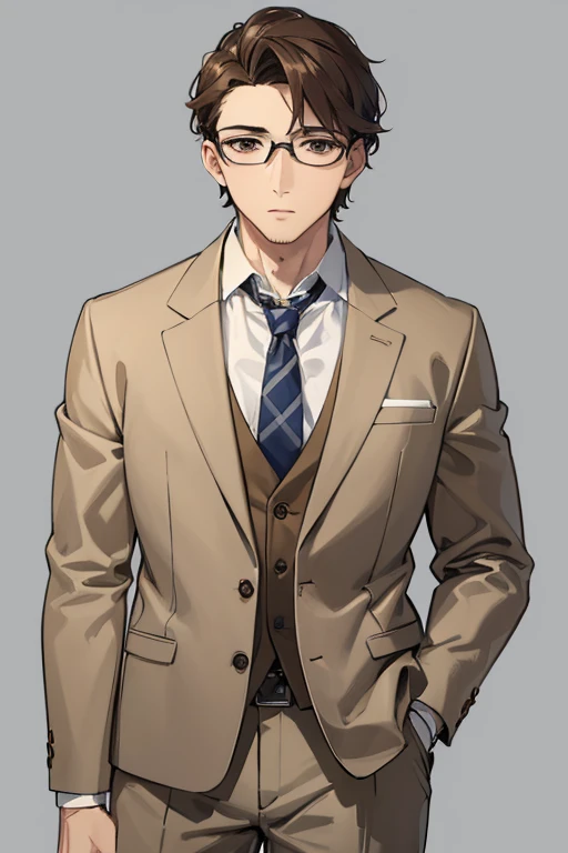 ((Highest quality)), ((masterpiece)), (detailed), One mature male、A photo showing your thighs to the top of your head、Standing facing the camera、Front facing、brown tailored jacket、Brown Hair、wavy hair、thick hair、Short Hair、Brown eyes、Glasses、Slim body、White shirt、Grey trousers、Expressionless、Looking into the distance、White background