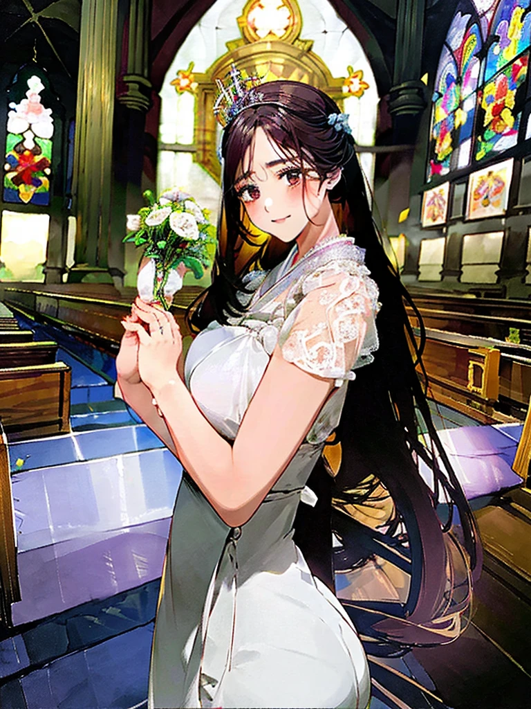 ((masterpiece))､((Highest Resolution))､((lonely japanese woman))､(Transparent white skin)､(((In the background is a large Roman church)))､(((Facing forward)))､I clasp my hands together and look up to the sky as if praying.､Depict the whole body､purple wedding dress､A dress with lots of lace､Gorgeous wedding dresses､expensive wedding dresses､Straight long hair､Ash&#39;s Hair､Wearing a shiny golden tiara､Wearing purple sheer lace wedding gloves､Narrow waist､A long lace stretches down the back､Large Breasts､