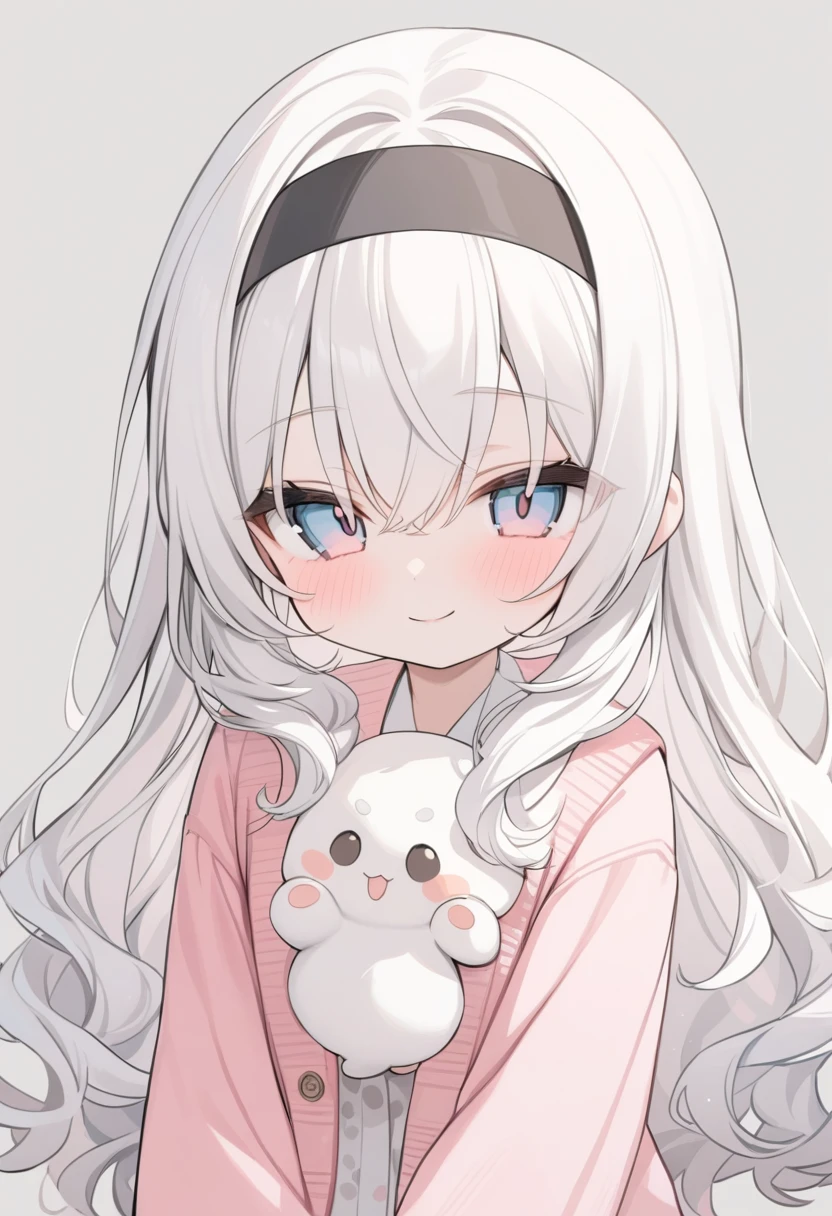 Simple Background,masterpiece,Highest quality,Chibi character 1.2,woman,smile,Wavy long hair,White Hair,Cute eyes,水色のCute eyes,Pink Cardigan、Black headband、
