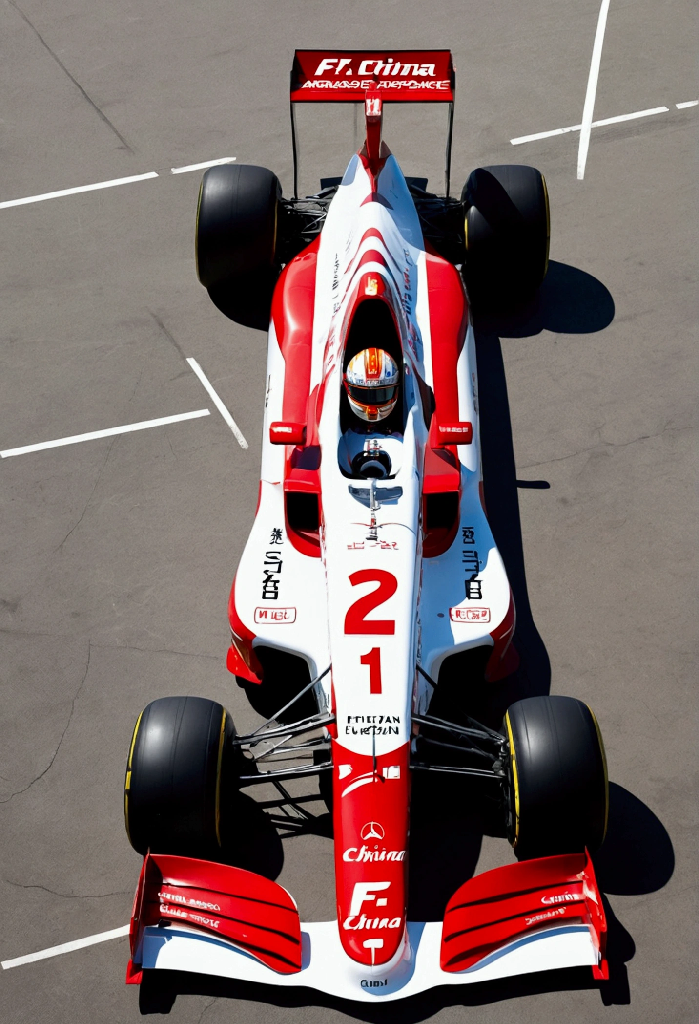 Red and white F1 car、China Aerospace Rocket F1 Car Co-Brand F1 Car with Characters on the Surface "china aerospace" Clear font. The background is a Chinese space rocket. There are letters written on the surface of the rocket. "Fatian No. 1" The font is clear. The overall atmosphere is solemn. The font is clear.