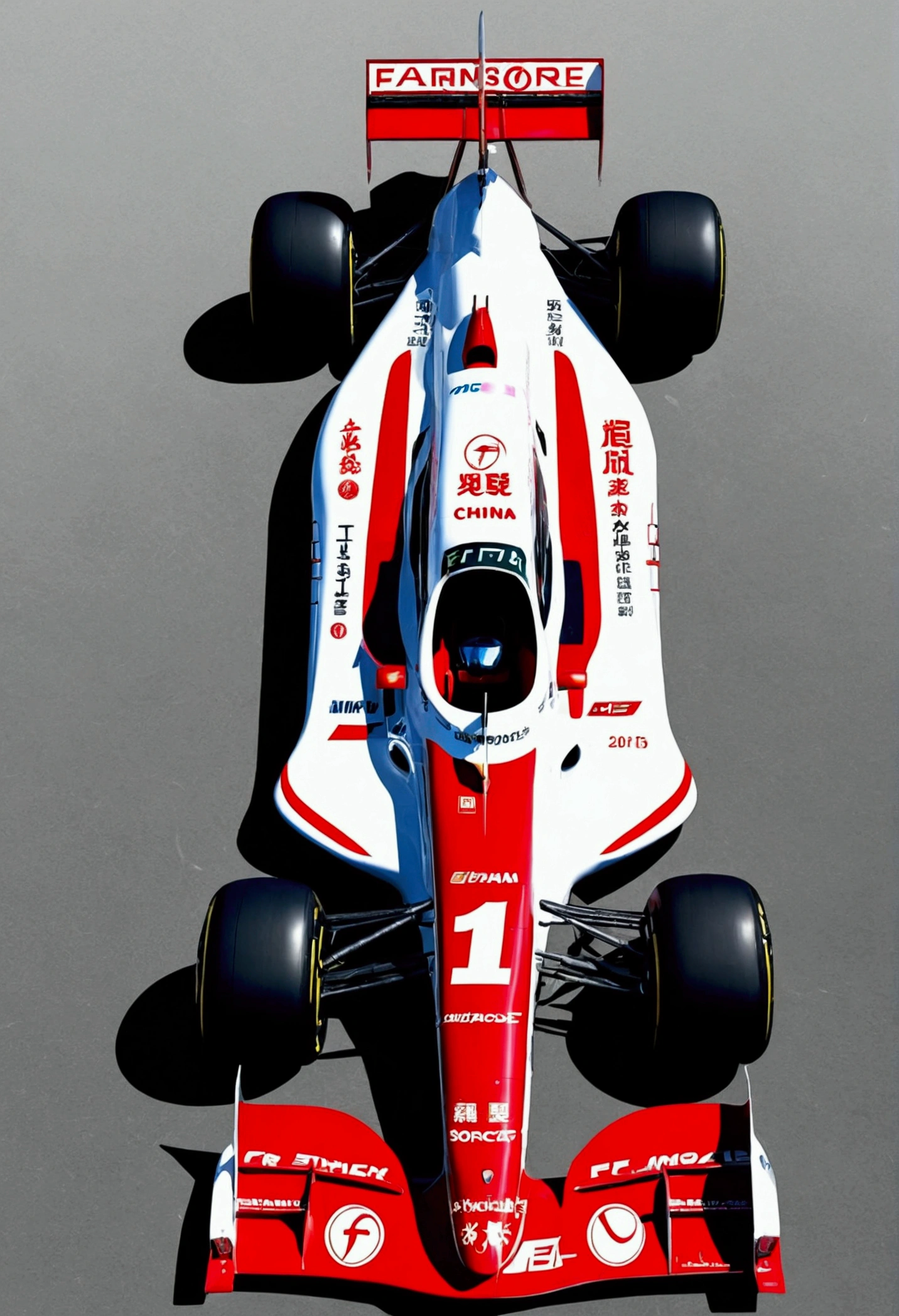 Red and white F1 car、China Aerospace Rocket F1 Car Co-Brand F1 Car with Characters on the Surface "china aerospace" Clear font. The background is a Chinese space rocket. There are letters written on the surface of the rocket. "Fatian No. 1" The font is clear. The overall atmosphere is solemn. The font is clear.