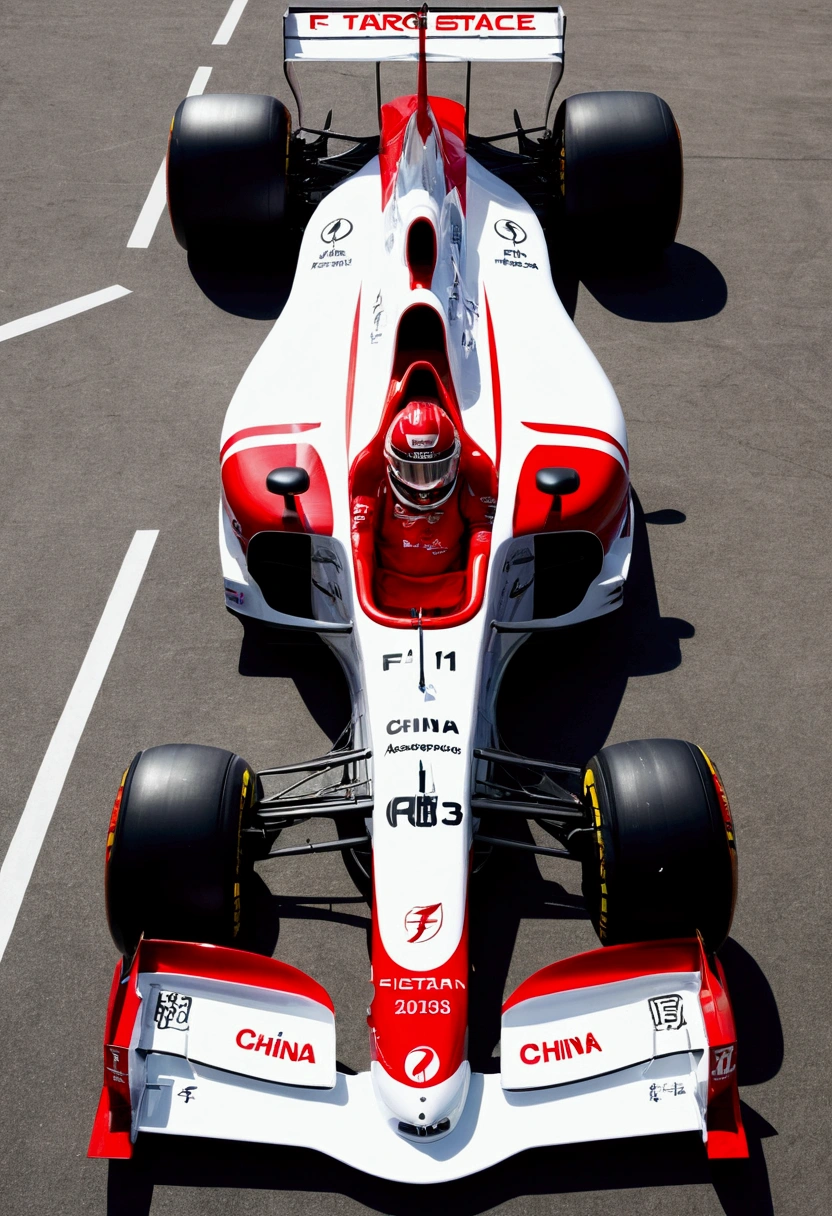 Red and white F1 car、China Aerospace Rocket F1 Car Co-Brand F1 Car with Characters on the Surface "china aerospace" Clear font. The background is a Chinese space rocket. There are letters written on the surface of the rocket. "Fatian No. 1" The font is clear. The overall atmosphere is solemn. The font is clear.