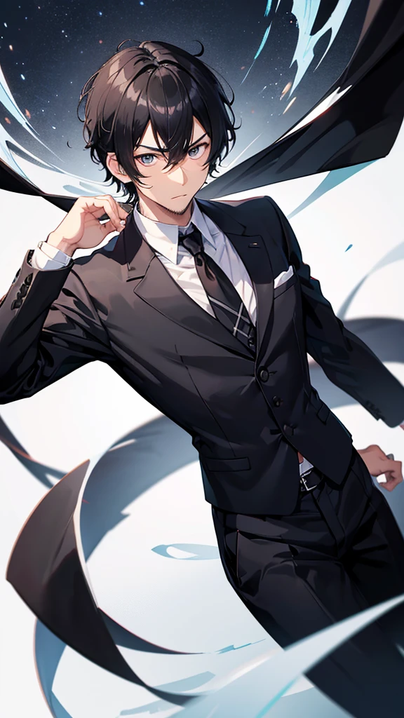 male、32 years old、less beard、Tired face、Glaring eyes、Long bangs parted、Shot from the thigh up、Are standing、looking at the camera、Black suit、Plain white background、Single、Japanese salaryman、Simple poses