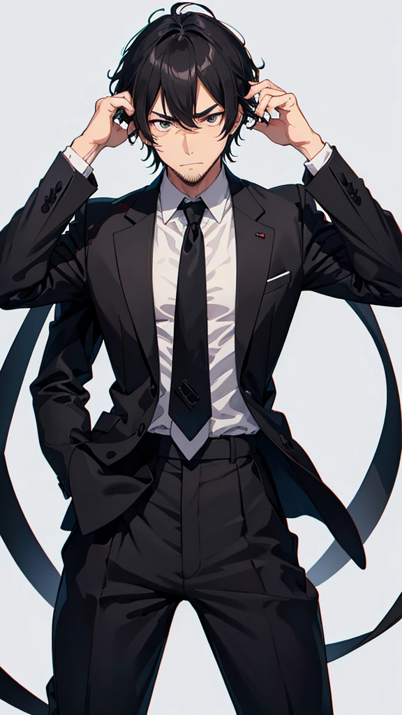 male、32 years old、less beard、Tired face、Glaring eyes、Long bangs parted、Shot from the thigh up、Are standing、looking at the camera、Black suit、Plain white background、Single、Japanese salaryman、Simple poses
