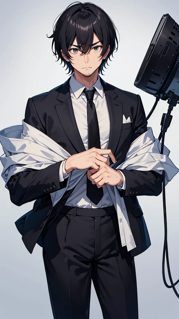 male、32 years old、less beard、Tired face、Glaring eyes、Long bangs parted、Shot from the thigh up、Are standing、looking at the camera、Black suit、Plain white background、Single、Japanese salaryman、Simple poses