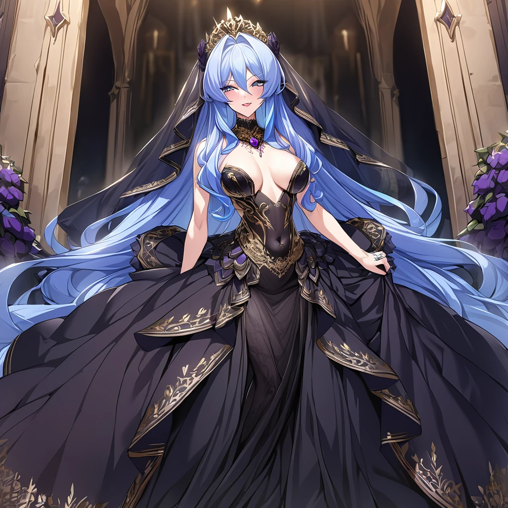 ((Highest quality)), ((masterpiece)), (detailed), （Perfect Face）、The woman is the evil queen, Extia, with medium-long blue hair, a gorgeous black wedding dress with gold embroidery and trim, a black wedding veil, an engagement ring, gorgeous accessories, lipstick and makeup, and a dignified, beautiful evil queen.、The woman is happily getting married in a posh church belonging to an evil organization.、the woman is pregnant