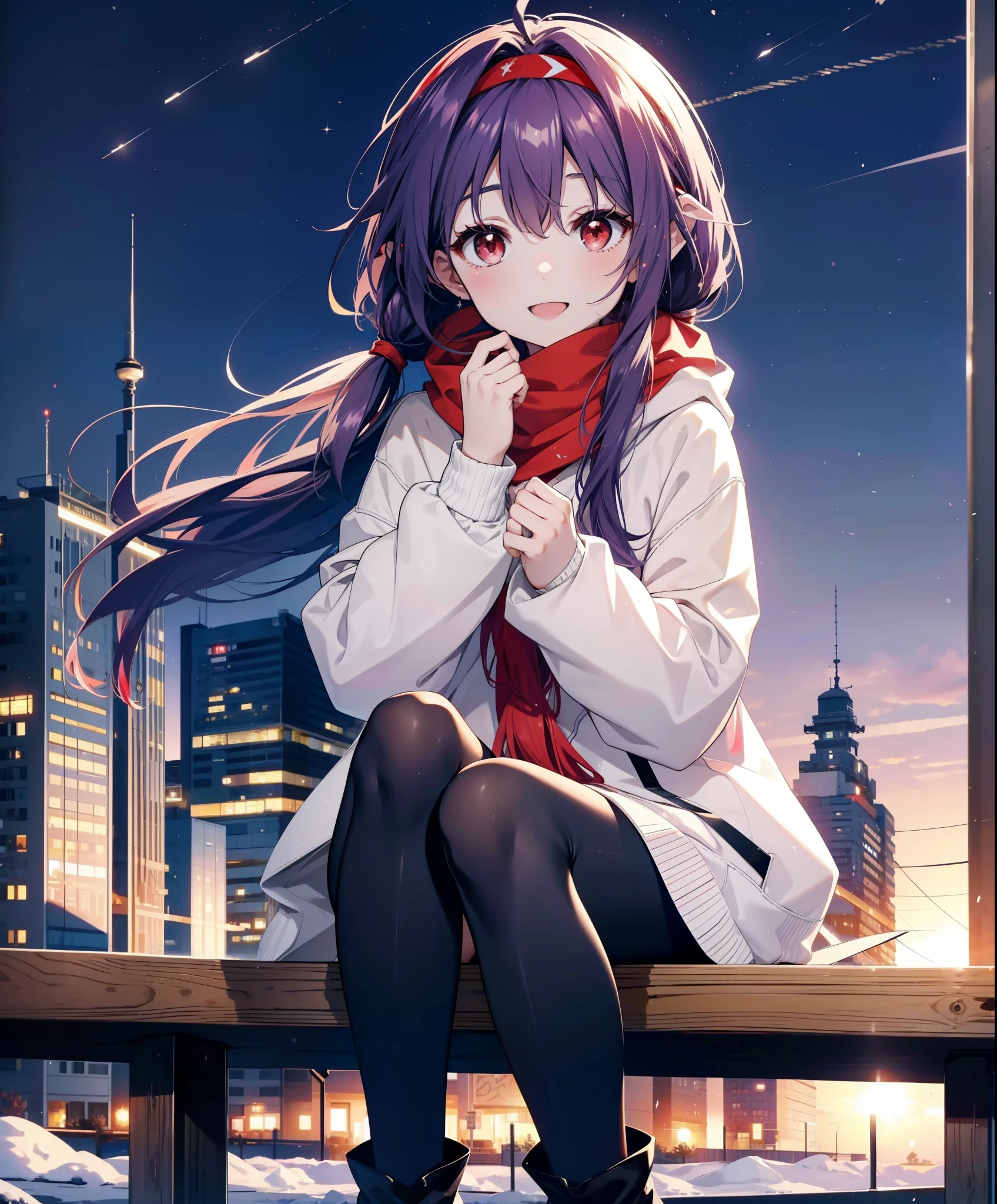 yuukikonno, Konno Yuuki, Long Hair, Pointed Ears, Purple Hair, (Red eyes:1.5), (Small breasts:1.2), Open your mouth,happy smile, smile, Open your mouth,hair band,low twin tail,Red Scarf,Oversized purple hoodie,Long skirt,Black pantyhose,short boots,Holding a paper cup of coffee in both hands,Sitting on a bench,snowが降っている,snowが降り積もっている,snow,snow,snow,snow,snowが積もった木,winter,Cold Sky,night,whole bodyがイラストに入るように,
break looking at viewer,  whole body,
break outdoors, garden,
break (masterpiece:1.2), Highest quality, High resolution, unity 8k wallpaper, (figure:0.8), (Beautiful attention to detail:1.6), Highly detailed face, Perfect lighting, Highly detailed CG, (Perfect hands, Perfect Anatomy),