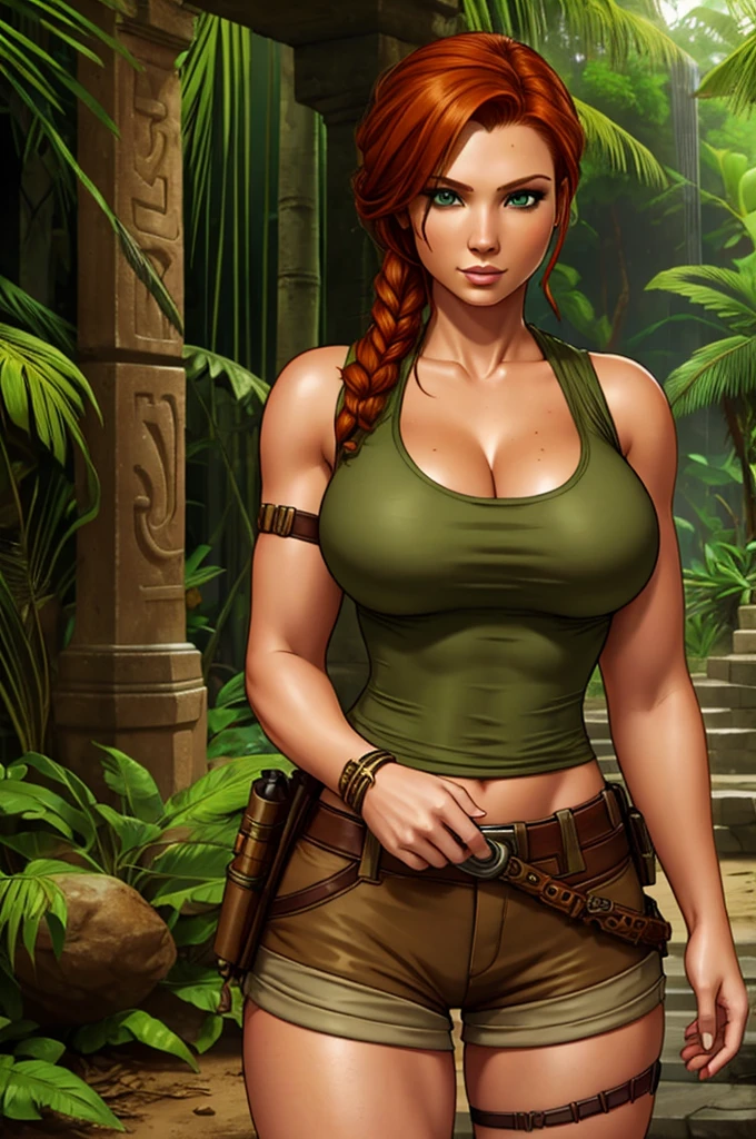 Jennifer Korbin, ginger hair, cosplaying lara croft, tan shorts, green top, jungle temple, steampunk