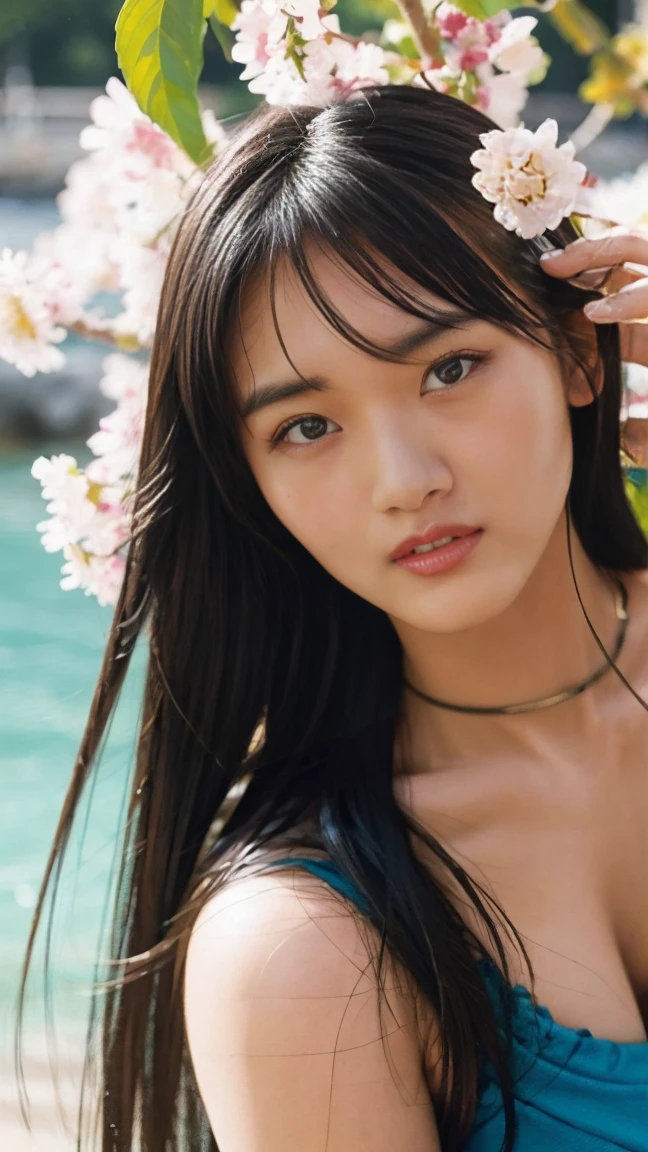 (masterpiece), (Highest quality), (Very detailed),(Disheveled Hair),(shape), (One Girl), (bikini), Are standing, Fashion Model, View your audience, (interview), (Beach),Beautiful details, Delicate and beautiful face, floating,(High chroma),(Colorful splashes),Colorful bubbles,(The Shining), Focus on the face, Hair Ring, Floating Flowers, Floating Hair, (The Shining), Best lighting, Best Shadow,